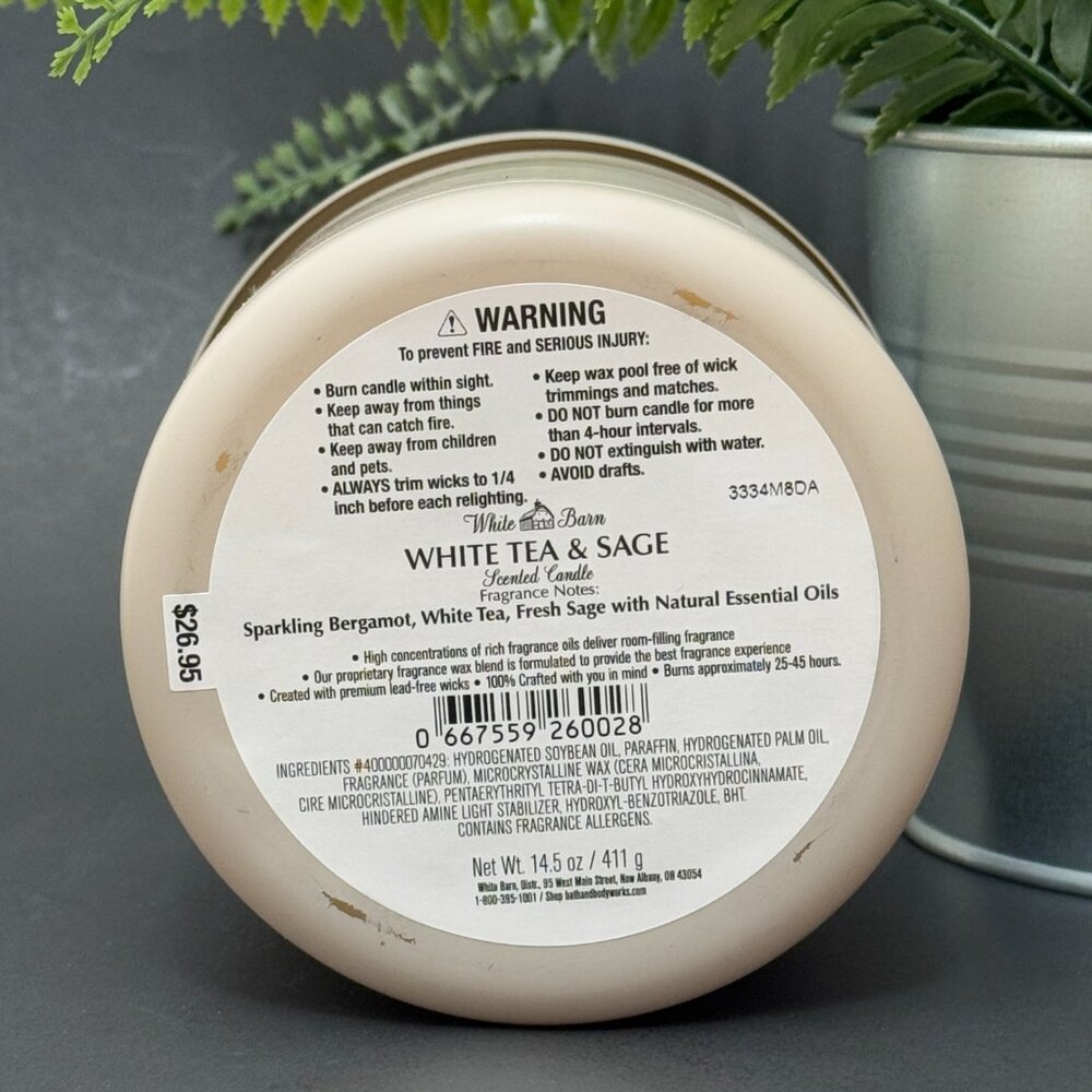 BBW White Tea & Sage White Barn Bath & Body Works 3 Wick Candle - Picture 9 of 10